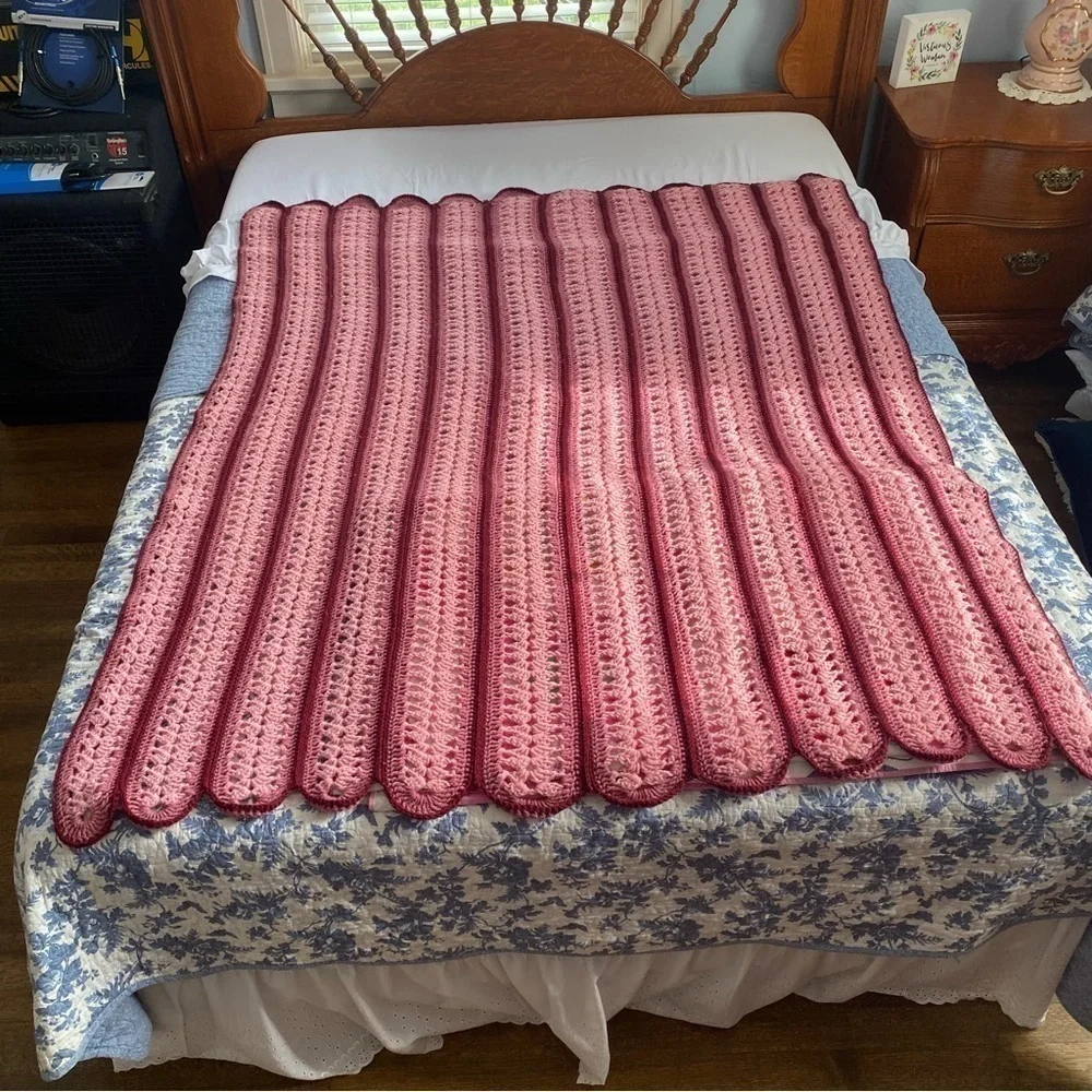 Vtg. Rose Pink Striped Crocheted Throw 60” x 47” Grannycore, Cottagecore,